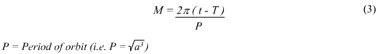 M=(2*PI*(t-T))/P (Eq. 3)